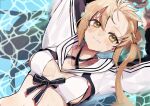 1girl 710_ao artoria_caster_(fate) artoria_caster_(swimsuit_berserker)_(first_ascension)_(fate) artoria_pendragon_(fate) bikini bikini_ribbon blonde_hair breasts criss-cross_straps fate/grand_order fate_(series) green_eyes highres shrug_(clothing) smile solo swimsuit twintails white_bikini 