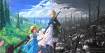  2girls absurdres ann_magnolia artist_name bare_tree blue_sky cloud commentary_request commission commissioner_name dress grey_sky gun helmet highres holding_hands long_dress military_uniform mud multiple_girls puddle scenery sky split_screen split_theme suikagcy tree vgen_commission violet_evergarden violet_evergarden_(series) weapon 
