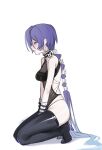 1girl bare_shoulders blush boots breasts commentary_request crescent crescent_earrings earrings from_side hair_over_one_eye jewelry kneeling long_hair m2091085339 mole mole_on_stomach open_mouth promeia_(zenless_zone_zero) purple_eyes purple_hair simple_background solo thigh_boots very_long_hair white_background zenless_zone_zero 