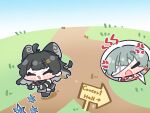  2girls anger_vein angry arrow_(symbol) bandage_over_one_eye bare_shoulders black_dress black_gloves black_hair blue_sky bow chibi chibi_only closed_eyes commentary_request day dress earrings elbow_pads english_text fang female_rover_(wuthering_waves) gloves grass grey_hair hair_bow hair_ornament hairclip highres hill jewelry long_hair multicolored_hair multiple_girls open_mouth outdoors phrolova_(wuthering_waves) rover_(wuthering_waves) sign sky smile syurikenmaru white_hair wuthering_waves 