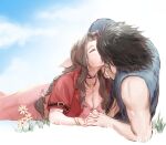  1boy 1girl aerith_gainsborough bare_arms bare_shoulders black_choker black_hair blue_sky bracelet braid braided_ponytail brown_hair choker closed_eyes cloud cloudy_sky couple cropped_jacket day dress english_commentary final_fantasy final_fantasy_vii final_fantasy_vii_remake flower flower_choker hair_ribbon hand_on_another's_chin hetero highres holding_hands interlocked_fingers jacket jewelry kiss linono lying on_side on_stomach outdoors parted_bangs pink_dress pink_ribbon red_jacket ribbon sidelocks sky sleeveless sleeveless_turtleneck spiked_hair sweater turtleneck turtleneck_sweater yellow_flower zack_fair 