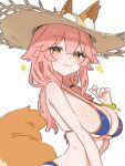  1girl animal_ears armpit_crease bangle bare_shoulders bikini blue_bikini blush bracelet breasts brown_tail closed_mouth collarbone commentary ears_through_headwear english_commentary fate/grand_order fate_(series) fox_ears fox_girl fox_tail hat highres jewelry large_breasts long_hair looking_at_viewer pink_hair pink_nails simple_background smile solo sparkle straw_hat swimsuit tail tamamo_no_mae_(fate) tamamo_no_mae_(swimsuit_lancer)_(fate) tamamo_no_mae_(swimsuit_lancer)_(third_ascension)_(fate) white_background xxskreamlo87809 yellow_eyes yellow_hat 
