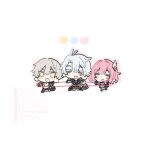  >_< 1girl 2boys antenna_hair armor artist_name bare_shoulders belt black_belt black_boots black_gloves black_jacket black_pants black_shirt blue_hair blush blush_stickers boots caelus_(honkai:_star_rail) cape chest_belt chibi chibi_only closed_eyes coat commentary_request cyrene_(honkai:_star_rail) cyrene_(philia093)_(honkai:_star_rail) dress fingerless_gloves full_body gloves grey_hair hair_between_eyes hair_ribbon happy heart highres holding honkai:_star_rail honkai_(series) hood hooded_jacket hula_hoop jacket long_sleeves multicolored_hair multiple_boys open_clothes open_jacket open_mouth pants phainon_(honkai:_star_rail) pink_hair purple_jacket ribbon sandals shadow shirt short_hair shoulder_armor simple_background single_glove sleeveless sleeveless_dress smile standing streaked_hair t-shirt trailblazer_(honkai:_star_rail) two-sided_cape two-sided_fabric two-sided_jacket v-shaped_eyebrows watermark white_background white_coat white_dress white_hair white_ribbon white_sandals white_shirt yellow_cape yellow_eyes yellow_jacket za0dnfkgyj12289 