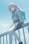  1girl absurdres aqua_hair black_hairband black_shoes bow bu_bai_(wres2744) chinese_commentary closed_mouth commentary_request firefly_(honkai:_star_rail) firefly_(spring_missive)_(honkai:_star_rail) gradient_hair green_bow grey_hair grey_skirt hair_between_eyes hair_ornament hairband highres honkai:_star_rail honkai_(series) loafers long_hair long_sleeves looking_at_viewer looking_down multicolored_hair official_alternate_costume one_eye_closed outdoors sailor_collar school_uniform shirt shoes sitting skirt sky smile solo thighhighs white_shirt white_thighhighs 