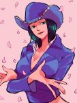  1girl abunaideka aqua_eyes black_hair breasts cleavage commentary_request cowboy_hat cropped_jacket falling_petals hat highres jacket long_hair nico_robin one_piece petals pink_background pink_petals purple_hat purple_jacket smile solo upper_body 