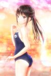 1girl artist_name ass blue_swimsuit brown_eyes brown_hair competition_swimsuit long_hair one-piece_swimsuit original outdoors pink_nails ponytail school_swimsuit sidelocks smile standing strap_lift sunset swimsuit yuluvine 