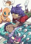  2boys blush bright_pupils buttons character_print charmander closed_eyes closed_mouth commentary_request dark-skinned_male dark_skin eyelashes frown gen_1_pokemon gen_5_pokemon gen_8_pokemon green_shorts highres hop_(pokemon) komame_(st_beans) long_sleeves lying male_focus multiple_boys on_back on_stomach pillow pokemon pokemon_(game) pokemon_swsh poking purple_hair purrloin red_shirt shirt short_hair shorts socks thought_bubble under_covers undershirt victor_(pokemon) white_legwear white_pupils wooloo younger 