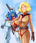 1girl assault_visor belt blonde_hair blue_eyes breasts closed_mouth commentary_request dated earth_federation green_assault_visor guncannon gundam gundam_gquuuuuux helmet highres holding kobakin long_sleeves looking_at_viewer mecha mecha_pilot_suit military military_uniform mobile_suit mobile_suit_gundam normal_suit_(gundam) pilot_helmet robot sayla_mass science_fiction short_hair signature simple_background solo space_helmet yasuhiko_yoshikazu_(style) 