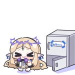  >_< 1girl blonde_hair blush cartethyia_(wuthering_waves) chibi chibi_only closed_mouth commentary_request dress ear_piercing earrings eating facial_mark food food_on_face highres holding holding_food holding_ice_cream holding_popsicle ice_cream jewelry long_hair piercing pointy_ears popsicle refrigerator simple_background solo standing syurikenmaru tacet_mark_(wuthering_waves) white_background white_dress wuthering_waves 
