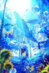  1girl air_bubble bird bubble commentary_request coral fish floating_hair flower highres makoron117117 manta_ray original penguin phone_booth school_uniform sunflower underwater whale white_hair 