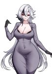  1girl alternate_costume arlecchino_(genshin_impact) black_hands black_streaks bra bra_peek charlie_purrito closed_mouth collarbone colored_extremities commentary covered_navel cowboy_shot dongtan_dress dress english_commentary genshin_impact grey_dress grey_eyes hand_up highres light_smile long_hair multicolored_hair red_pupils simple_background streaked_hair symbol-shaped_pupils underwear very_long_hair white_background white_hair x-shaped_pupils 