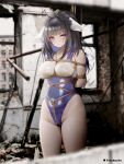  1girl absurdres ahoge alternate_breast_size_(larger) arms_behind_back azur_lane bdsm black_hair bondage bound bound_arms breast_bondage breasts colored_inner_hair commentary_request crotch_rope framed_breasts frilled_hairband frills hairband highres leotard long_hair looking_at_viewer medium_breasts multicolored_hair orage_(azur_lane) pantyhose photo_background pink_eyes purple_hair purple_leotard restrained rubble ruins shibari shibari_over_clothes solo white_pantyhose yuuraku_yuraku 
