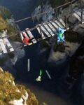  bandana bandana_around_neck blue_bandana bridge chikorita clothed_pokemon commentary_request english_commentary falling green_bandana highres no_humans pokemon pokemon_(creature) pokemon_focus red_bandana rivalclay scenery tepig totodile wooden_bridge 