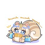  1girl :3 animal_ears blonde_hair blue_eyes blue_hair chewing chibi chibi_only colored_inner_hair commentary_request earrings eating english_text facial_mark fake_animal_ears fleurdelys_(wuthering_waves) full_body highres holding horns jewelry long_hair multicolored_hair parted_bangs pointy_ears simple_background single_horn sitting solo sparkling_eyes squirrel_ears squirrel_tail syurikenmaru tail two-tone_hair very_long_hair white_background wuthering_waves 