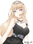  1girl black_dress blue_eyes breasts cleavage closed_mouth commentary dress earrings english_commentary highres hololive hololive_english jewelry large_breasts long_hair official_alternate_costume official_alternate_hairstyle solo teardrop_earrings tiara virtual_youtuber watermark watson_amelia watson_amelia_(party_dress) xhy_illust 