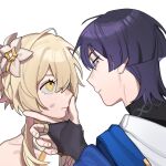  1boy 1girl black_bodysuit black_bridal_gauntlets black_hair blonde_hair blue_cape blunt_ends bodysuit bridal_gauntlets cape closed_mouth collarbone colored_inner_hair commentary_request dirty dirty_face eyelashes fingernails flower genshin_impact gold_ring hair_flower hair_ornament half-closed_eyes hand_on_another's_chin highres japanese_clothes kimono looking_at_another lumine_(as_heaven_and_earth_are_made_anew)_(genshin_impact) lumine_(genshin_impact) middle_ring multicolored_hair official_alternate_costume popotpat purple_eyes scaramouche_(genshin_impact) scarf short_hair short_hair_with_long_locks side_cape sidelocks single_bare_shoulder tareme tsurime turtleneck turtleneck_bodysuit wanderer_(genshin_impact) white_background white_flower white_kimono white_scarf yellow_eyes 