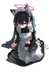  1girl absurdres animal_ear_fluff animal_ears apron black_hair blue_archive blue_ribbon cat cat_ears cat_girl collared_dress commentary dress hair_ribbon halo highres long_hair maid maid_apron maid_headdress petting pink_halo red_eyes ribbon rokun serika_(blue_archive) simple_background solo twintails very_long_hair white_background 