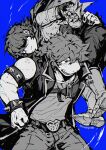  1girl 1other absurdres androgynous armlet armored_boots artist_name boots bracelet buckle closed_mouth commentary deltarune furry furry_female greyscale_with_colored_background hair_between_eyes heart heart-shaped_buckle highres jewelry kris_(dark_world)_(deltarune) kris_(deltarune) latencyknight long_hair open_clothes open_vest reptile_girl shaded_face shirt short_hair spiked_armlet spiked_bracelet spikes susie_(dark_world)_(deltarune) susie_(deltarune) t-shirt twitter_username utdr_(toby_fox) vest 