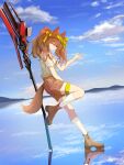  1girl absurdres angelina_(arknights) angelina_(festival)_(arknights) animal_ears arknights bare_shoulders blue_sky boots brown_boots brown_hair brown_shorts commentary day fox_ears fox_girl fox_tail full_body headscarf highres holding holding_staff hulmeow knees_up lake leaning_back leaning_on_object long_hair off-shoulder_shirt off_shoulder one_eye_closed outdoors planted_staff red_eyes reflection reflective_liquid scenery shirt short_shorts shorts sky smile socks solo staff standing standing_on_liquid standing_on_one_leg tail thigh_strap w white_shirt white_socks yellow_headscarf 