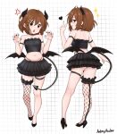  1girl absurdres andreypavlow angry arm_at_side armband armpit_crease ass bare_shoulders bat_wings black_choker black_panties black_shoes black_skirt black_thighhighs black_tube_top breasts brown_eyes brown_hair choker collarbone commentary demon_horns demon_tail english_commentary facing_viewer fishnet_thighhighs fishnets grid_background hair_between_eyes hair_ornament hairclip hands_up heart high_heels highres hirasawa_yui horns k-on! legband looking_at_viewer looking_back miniskirt multiple_hairclips nail_polish navel open_mouth panties panty_straps parallel_hairclips pleated_skirt shoes short_hair signature simple_background single_thighhigh skirt small_breasts smile sparkle stomach strapless tail thighhighs tube_top underwear v wings 