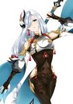  1girl arm_up bare_shoulders black_bodysuit blue_eyes bodysuit breasts brown_bodysuit clothing_cutout commentary_request covered_navel cowboy_shot crossed_legs detached_sleeves genshin_impact grey_sleeves hair_ornament hair_over_one_eye highres hip_vent holding holding_polearm holding_weapon long_hair long_sleeves looking_at_viewer making-of_available medium_breasts melgrad31 multicolored_bodysuit parted_lips polearm procreate_(medium) shenhe_(genshin_impact) simple_background solo standing tassel two-tone_bodysuit two-tone_sleeves weapon white_background white_hair white_sleeves wide_sleeves 
