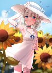  1girl absurdres arm_behind_head arm_up armpits bird blue_eyes blue_sky commentary cowboy_shot day densetsu.exe dress english_commentary field flat_chest flower flower_field from_side hair_ornament hat hat_ribbon highres looking_at_viewer mint_fantome mint_fantome_(summer) outdoors ribbon see-through_clothes see-through_dress short_hair sky smile solo standing summer sun_hat sundress sunflower sunflower_field thigh_strap white_hair x_hair_ornament xanadu_avici 