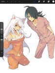  1boy 1girl ahoge animal_ears animal_print araragi_koyomi arms_behind_back art_program_in_frame black_hair black_hanekawa breasts buttons cat_ears cat_girl cat_print cleavage commentary cowboy_shot crossdressing crossdressing_(mtf) english_commentary fangs floral_print grey_eyes hair_over_one_eye hand_up hanekawa_tsubasa highres large_breasts leaning_forward light_frown long_hair looking_at_viewer low_twintails monogatari_(series) navel_peek nervous notcrusty one_eye_closed orange_pajamas pajama_pants pajamas partially_unbuttoned pink_pajamas shinobumonogatari short_twintails simple_background sweatdrop twintails white_background white_hair yellow_eyes 