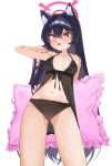  1girl absurdres animal_ear_fluff animal_ears arm_up bare_shoulders black_hair black_panties blue_archive blush cat_ears cat_girl commentary cowboy_shot fang halo highres long_hair navel panties pillow pink_halo pink_pillow red_eyes rokun serika_(blue_archive) simple_background solo stomach underwear white_background 