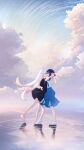  2girls absurdres arm_around_another's_waist barefoot black_shirt blue_skirt cho_kaguya-hime! cloud commentary dancing different_reflection eye_contact highres holding_hands kaguya_(cho_kaguya-hime!) kaguya_(tsukuyomi)_(cho_kaguya-hime!) long_shirt looking_at_another multiple_girls no_shoes pleated_skirt puyuyan reflection runami_yachiyo sailor_collar sakayori_iroha sakayori_iroha_(tsukuyomi) shirt short_sleeves skirt socks standing standing_on_liquid water white_sailor_collar white_shirt yuri 
