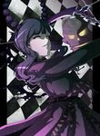  bad_id bad_pixiv_id black_rock_shooter checkered checkered_background dead_master highres horns long_hair mizuki_(ekakichan) purple_eyes scythe skull solo 