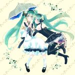  bad_id bad_pixiv_id boots dress dual_persona flower green_eyes green_hair hair_flower hair_ornament hatsune_miku high_heels long_hair mary_janes multiple_girls shinji_(secound2ikari) shoes socks thigh_boots thighhighs twintails umbrella very_long_hair vocaloid 