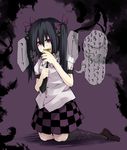  bad_id bad_pixiv_id bags_under_eyes bee_(deadflow) black_hair cellphone checkered checkered_skirt hata-tan himekaidou_hatate necktie phone pink_eyes short_hair skirt solo tears touhou twintails 