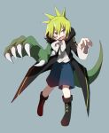  1boy :d anime_coloring asymmetrical_arms bishounen black_coat black_footwear blue_shorts blur_layer boots bow bowtie coat cross-laced_footwear dot_nose fang full_body green_hair green_tail grey_background grey_eyes hair_between_eyes hands_up highres hood hooded_coat juli_sieben log_80000 long_sleeves male_focus mark_under_eye open_clothes open_coat open_mouth outstretched_arms oversized_limbs pigeon-toed sen&#039;yuu. short_hair shorts simple_background single_sleeve smile solo spiked_hair split_mouth standing standing_on_one_leg tachi-e white_bow white_bowtie zombie_pose 