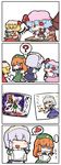  4girls 4koma ? bat_wings blue_eyes braid child_drawing comic fang flandre_scarlet food heart highres hong_meiling izayoi_sakuya knife left-handed multiple_girls nura_(oaaaaaa) pencil plate pudding red_eyes red_hair remilia_scarlet shaded_face silent_comic silver_hair spoken_heart sweat touhou twin_braids wings 