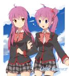  2girls bad_id bad_pixiv_id blue_eyes bow brown_eyes cloud day futaki_kanata hair_bobbles hair_ornament hairpin little_busters! long_hair multiple_girls pink_bow plaid plaid_skirt purple_hair saigusa_haruka school_uniform siblings side_ponytail sisters skirt sky thighhighs twins yuzuha_(tengokugumi) 
