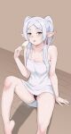  1girl absurdres barefoot black_panties cameltoe dress earrings elf floating_earring frieren green_eyes highres ice_cream_bar indoors jewelry long_hair looking_at_viewer panties parted_bangs pointy_ears saliva saliva_trail short_eyebrows sitting sleeveless sleeveless_dress solo sousou_no_frieren tetsuffy_(tetsulul) thick_eyebrows twintails underwear white_dress 