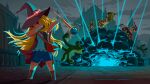  2boys 2girls anor_londo antinoya architecture blonde_hair blue_shorts boots bow brown_cape brown_footwear buttons cape castle chaos_witch_quelaag commentary crossover dab_(dance) dark_souls_(series) dark_souls_i dragon dragon_slayer_ornstein english_commentary executioner_smough explosion full_body gloves gothic_architecture great_grey_wolf_sif grey_hat grey_sky hammer hat hat_bow highres holding holding_hammer holding_polearm holding_staff holding_sword holding_weapon hydra hydra_(dark_souls) in-universe_location little_witch_nobeta long_hair multiple_boys multiple_girls nobeta outdoors overcast pink_bow pink_eyes polearm shorts sky staff sword taur very_long_hair weapon white_gloves witch_hat wolf 