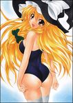  ass blonde_hair kirisame_marisa looking_back one-piece_swimsuit red_eyes school_swimsuit solo swimsuit thighhighs touhou traditional_media yadokari_genpachirou 