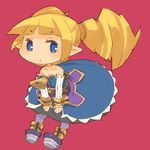  archer_(disgaea) bare_shoulders belt blonde_hair blue_eyes blush chibi detached_sleeves disgaea drill_hair flat_chest long_hair mota pointy_ears solo twintails zipper 