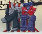  ai-eye american_flag anniversary autobot chin_rest crossed_legs decepticon flag male_focus megatron multiple_boys new_year optimus_prime robot sitting smirk transformers 