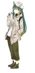  bad_id bad_pixiv_id can casual green_eyes green_hair hat hatsune_miku headphones headphones_around_neck highres jacket long_hair pun2 simple_background solo tomboy twintails vocaloid 