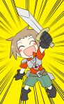  1boy :d ^_^ alba_(senyuu) antenna_hair arm_at_side arm_up armor belt black_footwear black_gloves blush_stickers boots breastplate brown_belt chibi chibi_only closed_eyes collared_shirt emphasis_lines facing_viewer flat_color full_body gloves gradient_background green_shorts happy holding holding_sword holding_weapon jewelry leaning_to_the_side light_brown_hair log_80000 male_focus necklace no_nose open_mouth pauldrons red_shirt scabbard sen&#039;yuu. sheath shirt short_bangs short_hair shorts shoulder_armor sidelocks single_pauldron smile solo straight-on sword weapon wing_collar yellow_background 