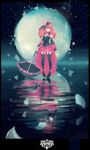  black_legwear detached_sleeves dress flower full_moon hair_flower hair_ornament hat moon original parasol reflection solo thighhighs umbrella walking water zettai_ryouiki zhengzheng 