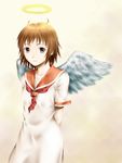  angel_wings brown_eyes brown_hair haibane_renmei halo highres old-one orange_sailor_collar rakka sailor_collar short_hair solo static_cling wings 