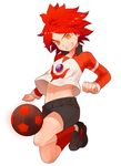  bad_id bad_pixiv_id ball banned_artist black_soccer_ball grin gym_shorts harano inazuma_eleven inazuma_eleven_(series) jersey long_sleeves male_focus midriff nagumo_haruya raglan_sleeves red_hair shorts smile soccer_ball soccer_uniform solo sportswear telstar yellow_eyes 