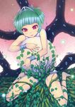  absurdres armlet bad_id bad_pixiv_id barefoot blush green_hair highres jewelry leaf lips mahito original pink_eyes plant ring short_hair solo sphere tiara 