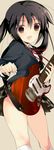  1girl bad_id bad_pixiv_id black_hair brown_eyes guitar instrument k-on! long_hair mzyk nakano_azusa plaid plaid_skirt plectrum sakuragaoka_high_school_uniform school_uniform skirt solo twintails 