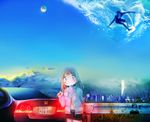  1girl blue blue_eyes blush bne building cityscape cloud construction crane graffiti hade_na_kangofu honda hood hooded_jacket jacket moon navel sky skyscraper surfboard surfing surreal unzipped 