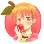  apple apple_hair_ornament blush food food_themed_hair_ornament fruit hair_ornament hairpin holding holding_food holding_fruit inami_mahiru kyapu-10 orange_eyes orange_hair short_hair solo working!! 