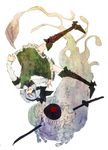  armband bad_id bad_pixiv_id boots cyclops eyepatch eyes fangs grin hairband katana konpaku_youmu konpaku_youmu_(ghost) lastdark one-eyed sharp_teeth short_hair silver_hair smile solo surreal sword teeth thigh_boots thighhighs touhou upside-down weapon 